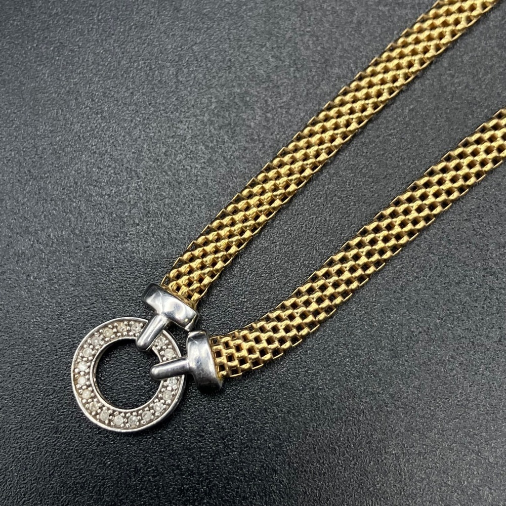 Sterling Silver Italy Mesh Necklace Two-Tone Pavé Circle 17in